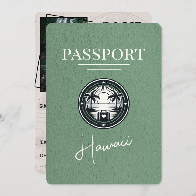 Reserva La Fecha Sage Green Hawaii Passport Save the Date (Anverso / Reverso)