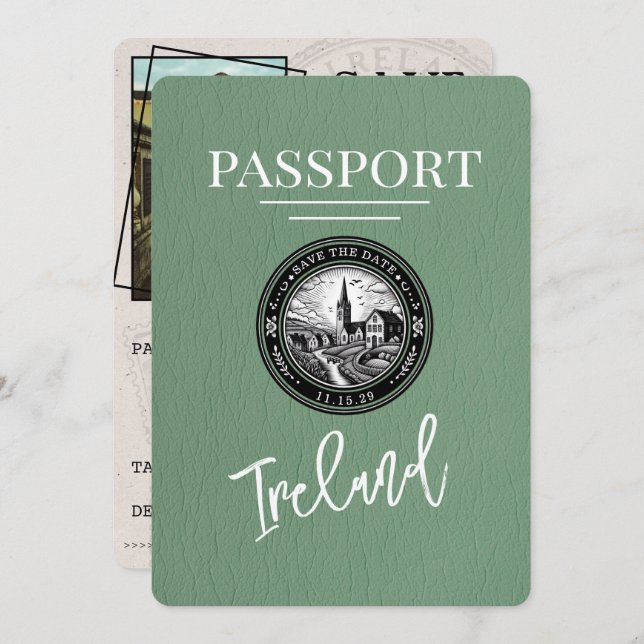Reserva La Fecha Sage Green Ireland Passport Save the Date (Anverso / Reverso)