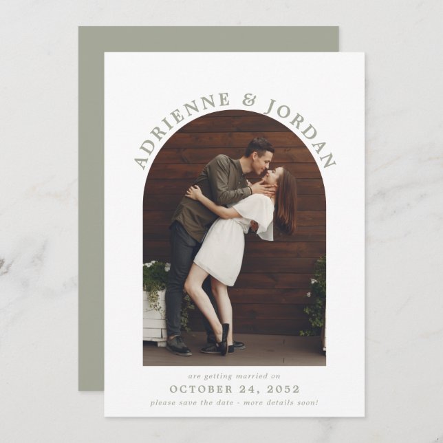 Reserva La Fecha Sage Green Modern Arch Photo Save the Date (Anverso / Reverso)