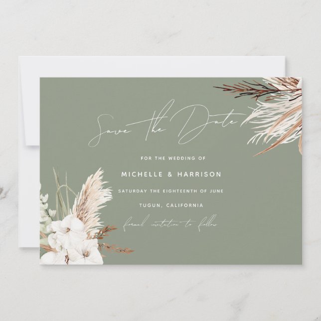 Reserva La Fecha Sage Green Modern White Bohemian Boda floral (Anverso)