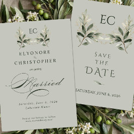 Reserva La Fecha Sage Green Olive Branch Monogram Wedding