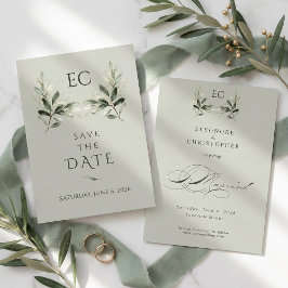 Reserva La Fecha Sage Green Olive Branch Monogram Wedding