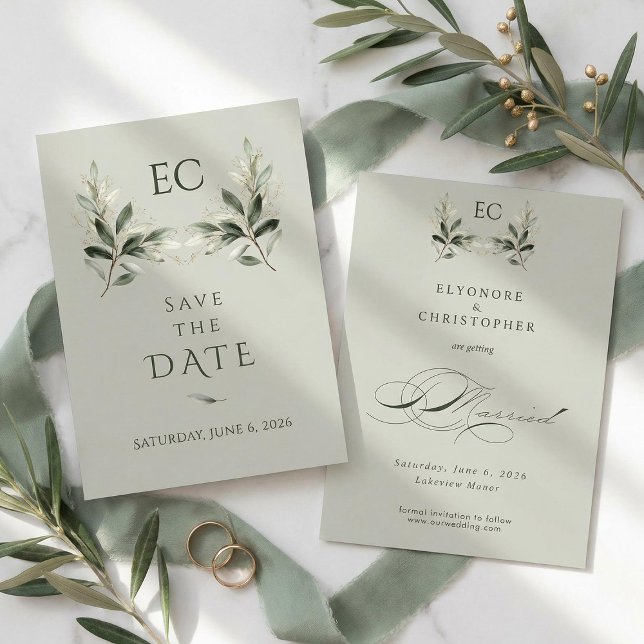Reserva La Fecha Sage Green Olive Branch Monogram Wedding (Subido por el creador)