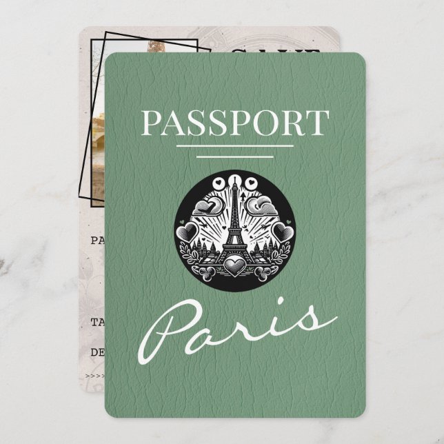 Reserva La Fecha Sage Green Paris Passport Save the Date (Anverso / Reverso)