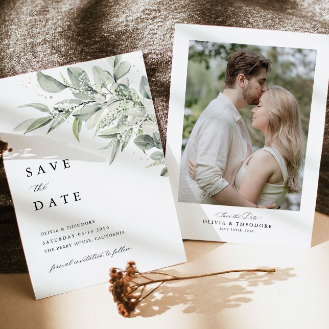 Reserva La Fecha Sage Green Photo Botanical Wedding (Sage green botanical photo save the date card, modern classic wedding stationery, minimal elegant)