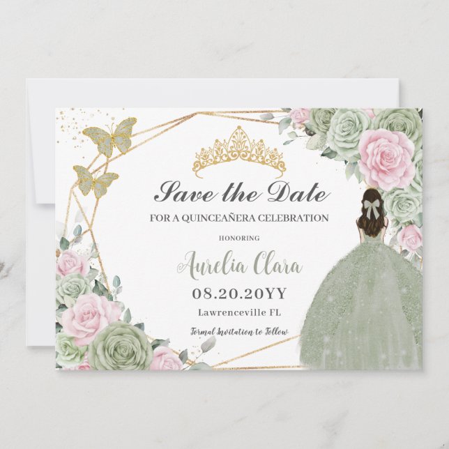 Reserva La Fecha Sage Green Pink Floral Gold Quinceanera Princess (Anverso)