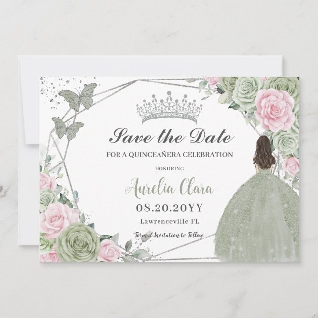 Reserva La Fecha Sage Green Pink Floral Silver Quinceanera Princess (Anverso)