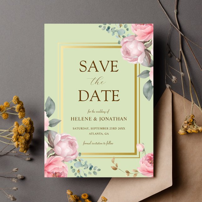 Reserva La Fecha Sage Green Pink Garden Elegante Boda Floral (Sage Green Pink Garden Elegant Floral Wedding Save The Date)