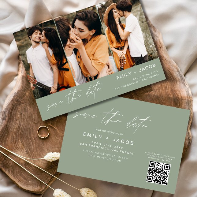 Reserva La Fecha Sage Green QR Code Save the Date 3 Photo Elegant (Subido por el creador)