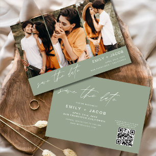 Reserva La Fecha Sage Green QR Code Save the Date 3 Photo Elegant