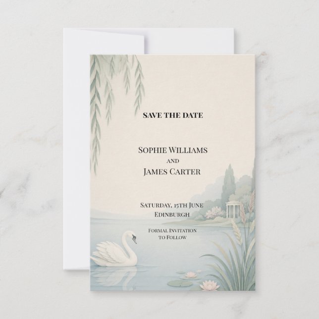 Reserva La Fecha Sage Green Swan Lake Boda Save The Date (Anverso)