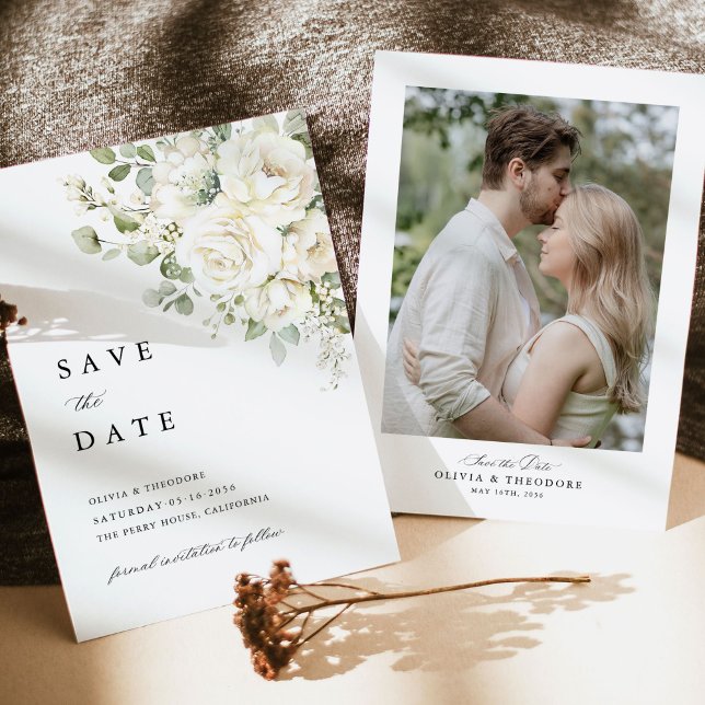 Reserva La Fecha Sage Green White Floral Photo Wedding (Sage green white floral watercolor photo save the date wedding card, front and back design)