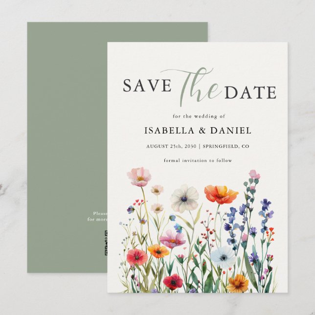 Reserva La Fecha Sage Green Wildflower Wedding (Anverso / Reverso)