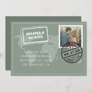 Reserva La Fecha Sage Green World Map Destination Wedding Photo