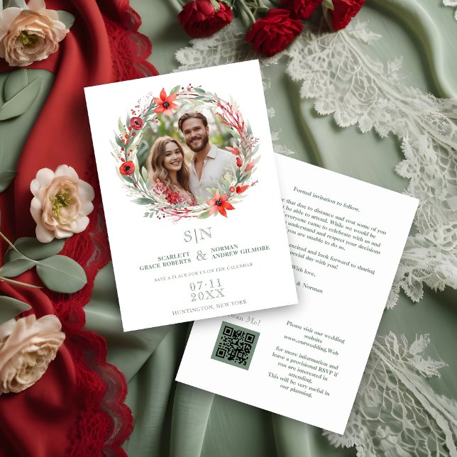 Reserva La Fecha Sage Luxury Initials Floral Red Shades Round Photo (Sage Luxury Initials Floral Red Shades Round Photo Wedding Save the Date Card. Front)
