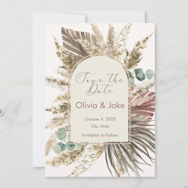 Reserva La Fecha Sage Pampas Grass Save the Date | Boho Rustic (Anverso)