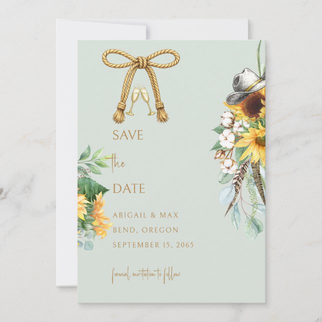 Reserva La Fecha Sage Rustic Cowboy Sunflower Wedding Save the Date (Anverso)