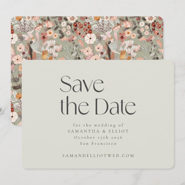 Reserva La Fecha Sage Rústico Gris Floral Boho Boda Personalizada (Anverso / Reverso)