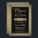 Reserva La Fecha Saludos a cualquier año jubilación Elegante negro<br><div class="desc">Invitar a colegas, familia y amigos a una elegante celebración para él o ella con este fiesta de retiro negro y dorado a ahorrar la invitación de cita. El diseño presenta un borde metálico falso, rayas negras modernas, caligrafía de escritura elegante y tipografía de inspiración Art Déco vintage. Tenga en...</div>