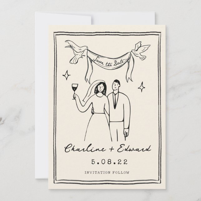 Reserva La Fecha Salva la fecha con letra manuscrita divertida dibu (Anverso)