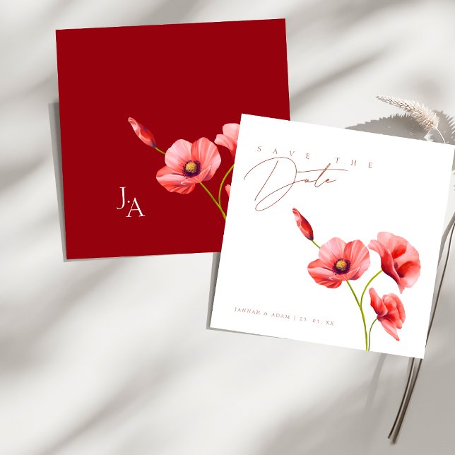 Reserva La Fecha Salvar la fecha de la boda floral de amapolas roja (Crimson Red Poppies Floral Wedding Save The Date)