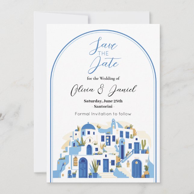Reserva La Fecha Salve La Fecha boda Santorini Grecia Azul Blanco (Anverso)