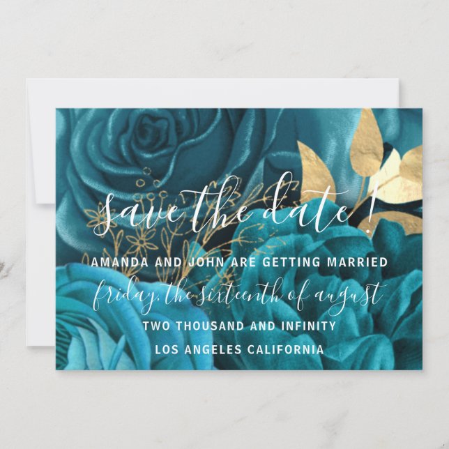 Reserva La Fecha Salven La Fecha Boda Bride Floral Gold Blue Aqua (Anverso)
