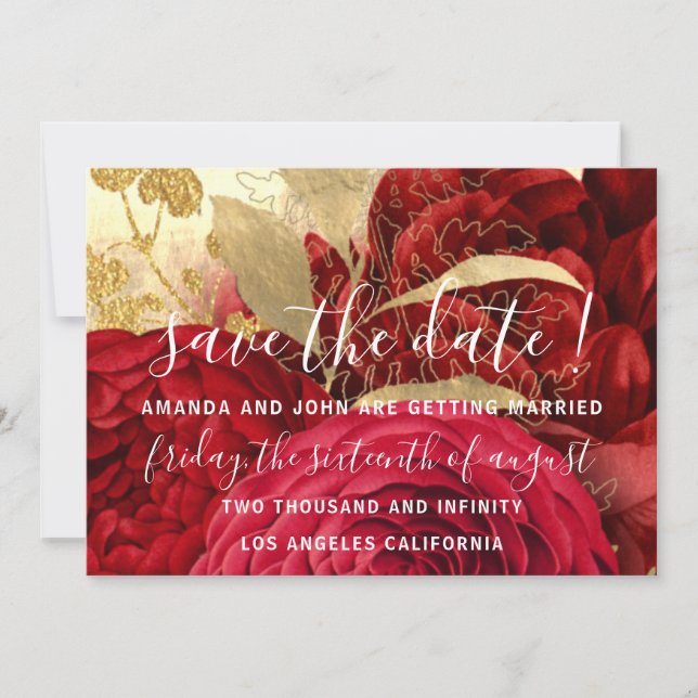 Reserva La Fecha Salven La Fecha Boda Novia Floral Oro Roses Rojos (Anverso)