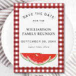 Reserva La Fecha Salven La Reunión De La Familia De La sandía<br><div class="desc">¿Estás planeando una reunión familiar? Hágale saber a tu familia la fecha con esta tarjeta única Save the Date. Está decorado con sandías acuáticas y un fondo de verificación de búfalos rojos y blancos. Personalizable fácil. Acuarela original © Michele Davies.</div>
