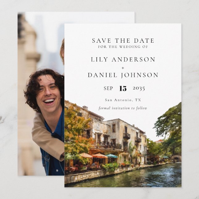 Reserva La Fecha San Antonio Watercolor Photo Wedding (Anverso / Reverso)