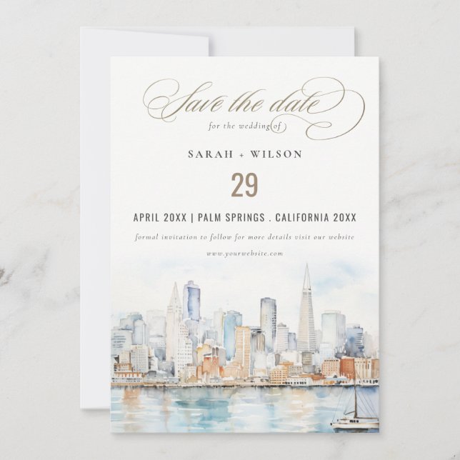 Reserva La Fecha San Francisco Watercolor Landscape Wedding (Anverso)