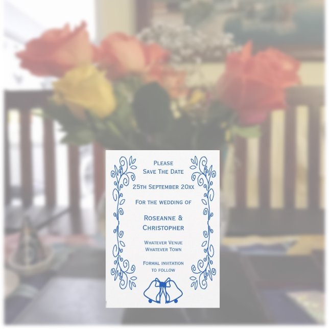 Reserva La Fecha Sapphire Wedding Save The Date Bells Scrollwork (Blue sapphire wedding save the date bells and scrollwork design)