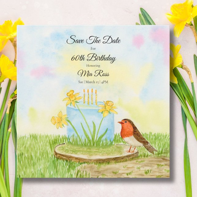 Reserva La Fecha Save The Date 60th Birthday Robin Daffodil Cake (Subido por el creador)