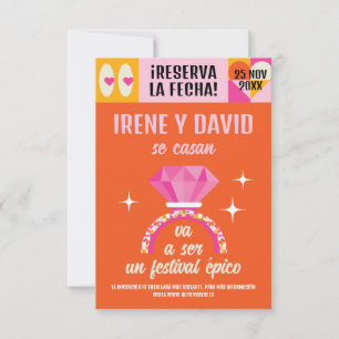 Reserva La Fecha Save the Date Anillo Festival Naranja y Rosa