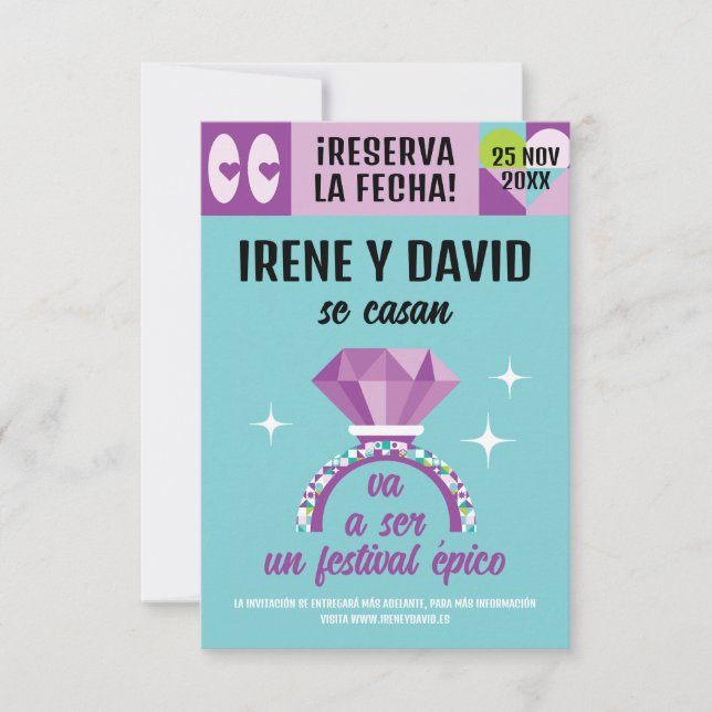 Reserva La Fecha Save the Date Anillo Festival Turquesa Violeta (Anverso)