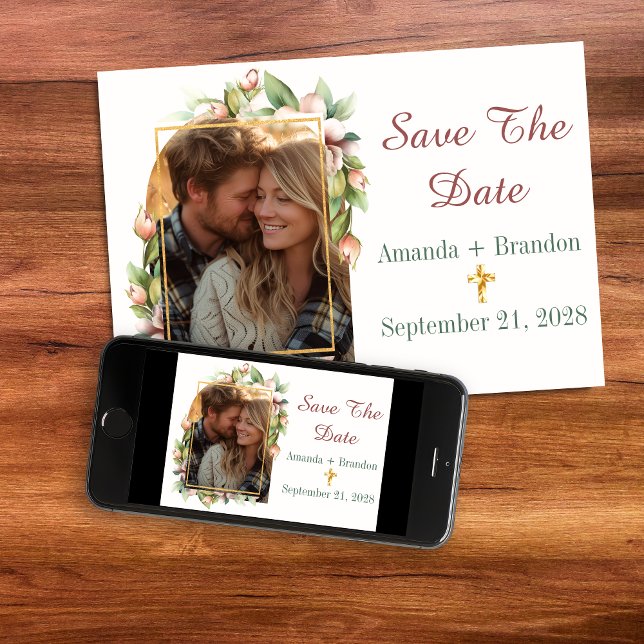 Reserva La Fecha Save the Date Christian Cross Floral Arch Photo (Save The Date Christian Cross Floral Arch Photo Card)