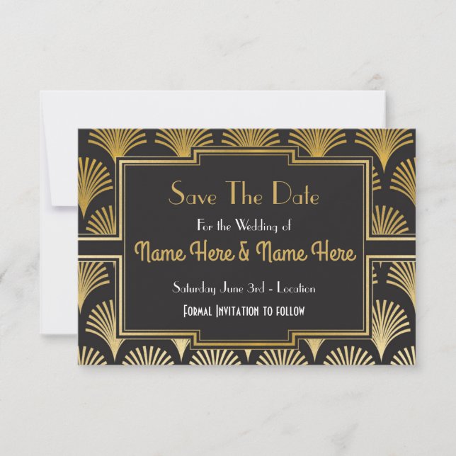 Reserva La Fecha Save The Date Fiesta de Boda Veintes Dorado Abanic (Anverso)