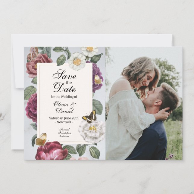Reserva La Fecha Save the Date Floral Bloom Butterfly Flowers Photo (Anverso)