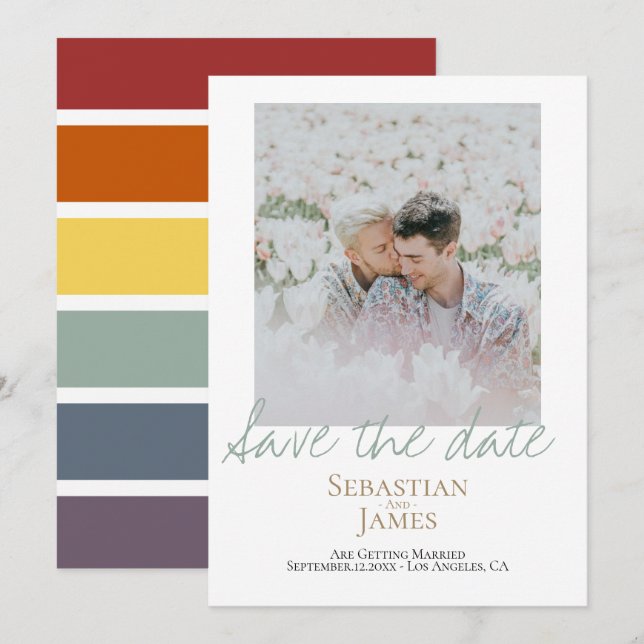 Reserva La Fecha Save the Date LGBTQ Rainbow Personalized Photo (Anverso / Reverso)