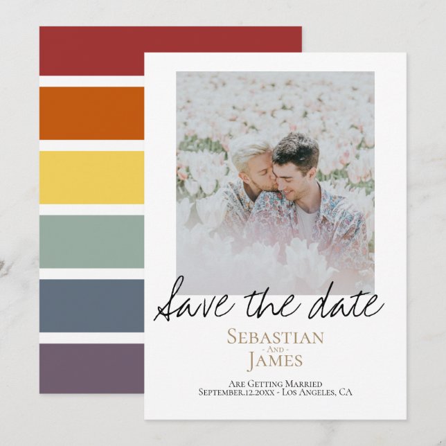 Reserva La Fecha Save the Date LGBTQ Rainbow Personalized Photo (Anverso / Reverso)