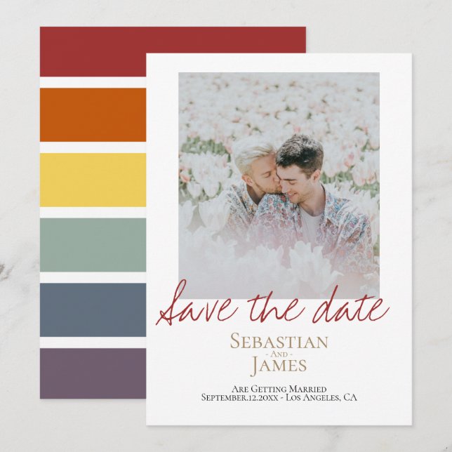 Reserva La Fecha Save the Date LGBTQ Rainbow Personalized Photo (Anverso / Reverso)