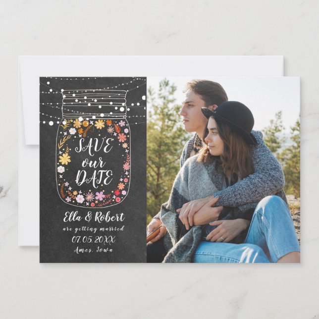 Reserva La Fecha Save the Date Mason Jar String Lights Boho Photo (Anverso)