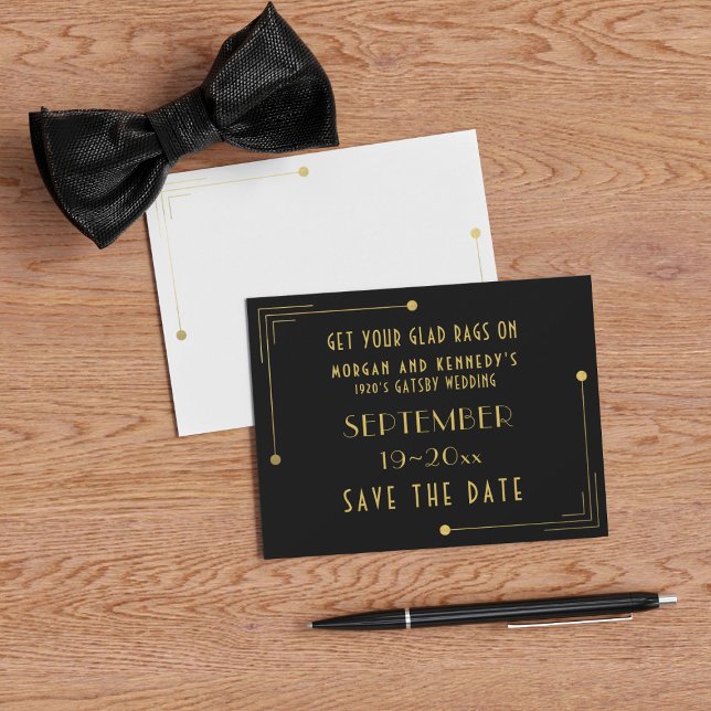 Reserva La Fecha Save The Date Matte Black and Gold Boda de los año (A 1920s vintage vibe with this Save the Date. Just add your Gatsby Wedding details)
