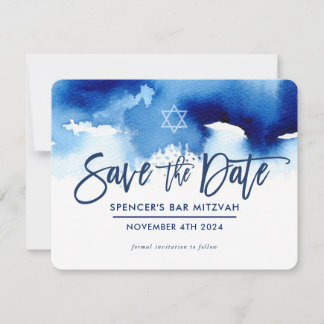 Reserva La Fecha SAVE THE DATE MITZVAH modern dark blue watercolor