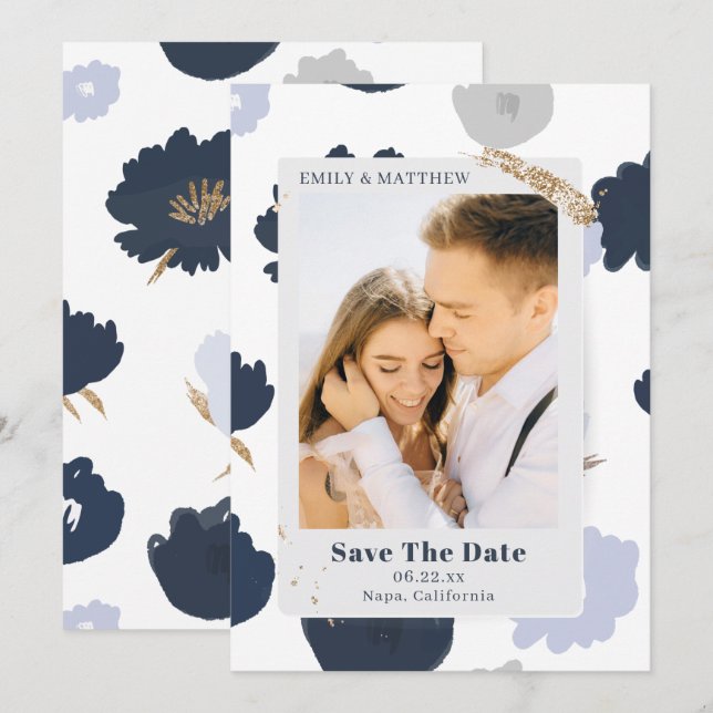 Reserva La Fecha Save the Date Modern Purpurina Photo Blue Floral (Anverso / Reverso)