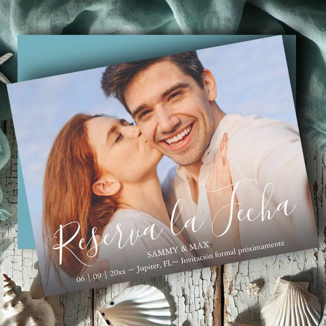 Reserva La Fecha Save the Date Moderno con Foto de la Pareja (Save the date in Spanish custom photo with turquoise back)