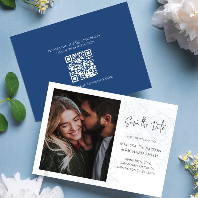 Reserva La Fecha Save the Date Photo Boda Blue Floral (Floral blue elegant Photo save the date card with QR code. )