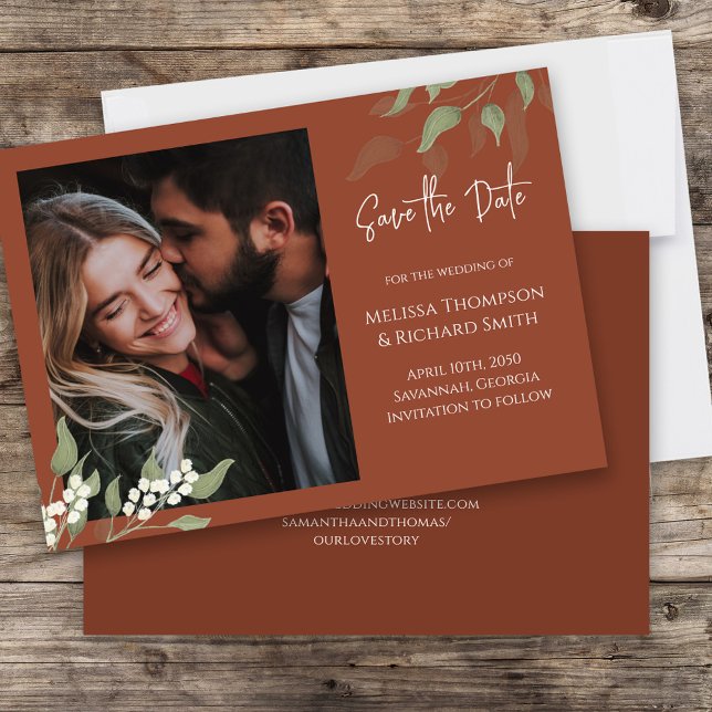 Reserva La Fecha Save the Date Photo Terracotta Greenery (An elegant terracotta photo save the date double sided card)