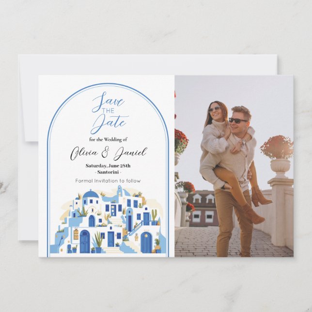Reserva La Fecha Save the Date Santorini Photo Greece Blue White (Anverso)