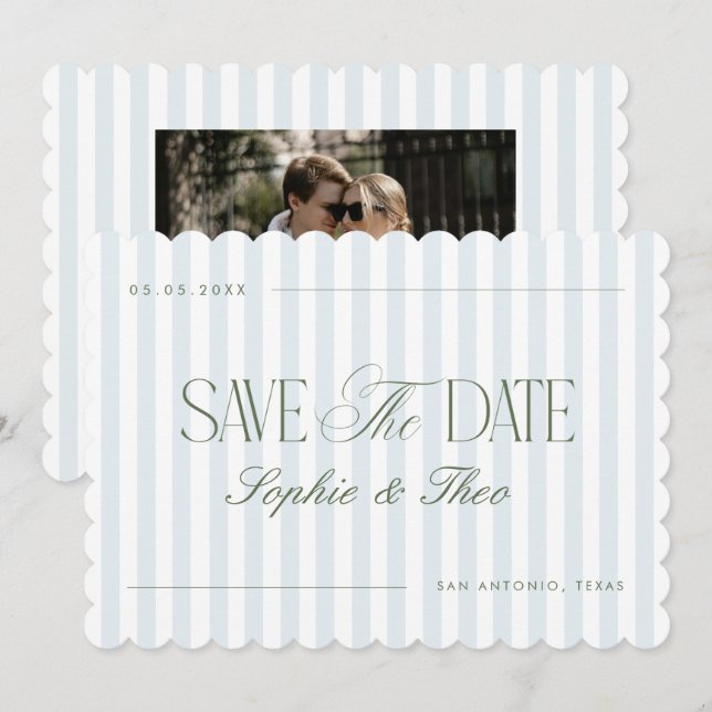 Reserva La Fecha Scalloped Coastal Blue Sage Green Stripes Wedding (Anverso / Reverso)